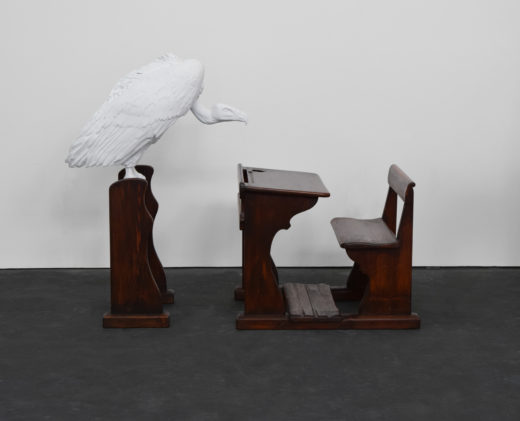 ABC, 2015. Epoxy resin vulture with matte white lacquer finish, antique school desk. 115 x 150 x 60 cm