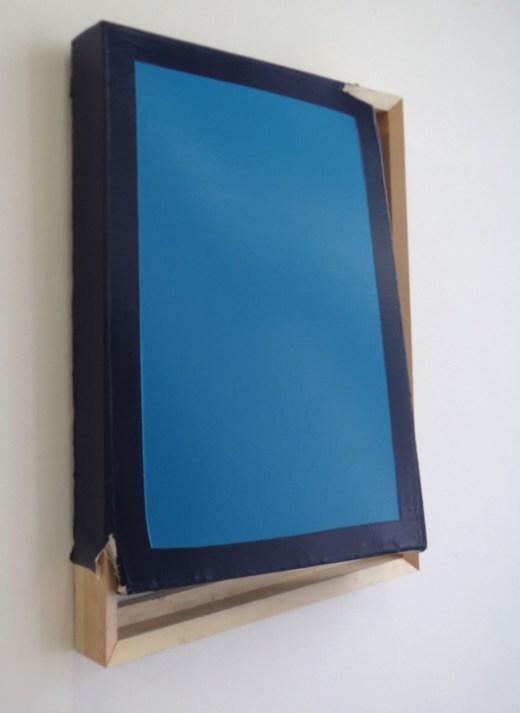 Tight (Turquoise/navy), 2014. Oil and acrylic on canvas, wood. 70 x 51 x 16 cm